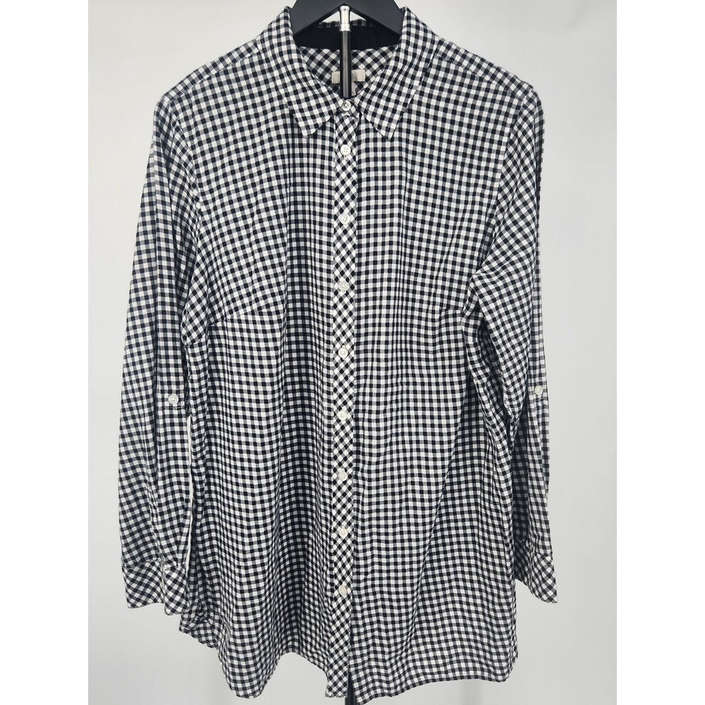Talbots Woman Black White Gingham Cotton Roll Tab Sleeve Shirt 1X ID4976